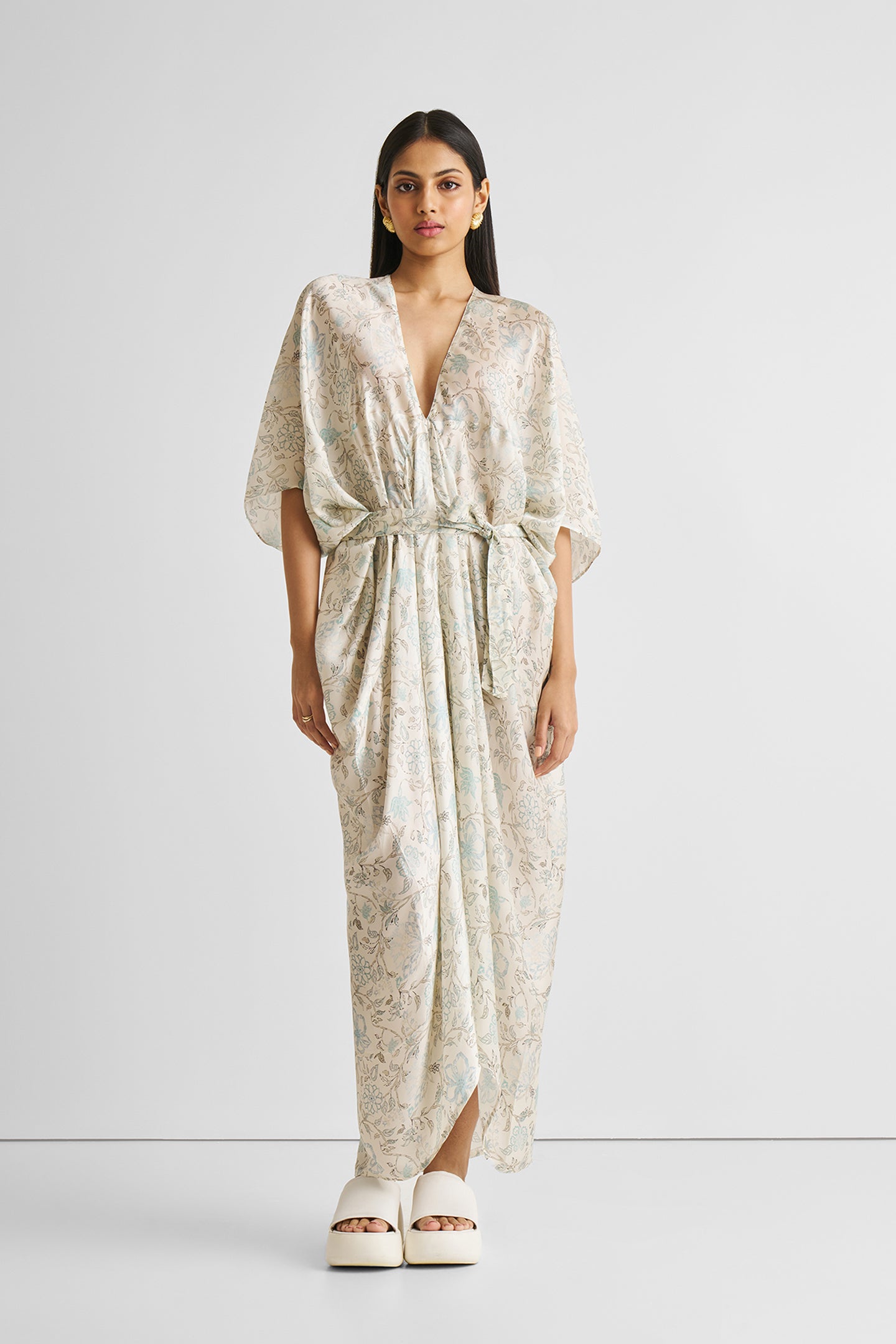 Silky Kaftan Dress in Blue Florals