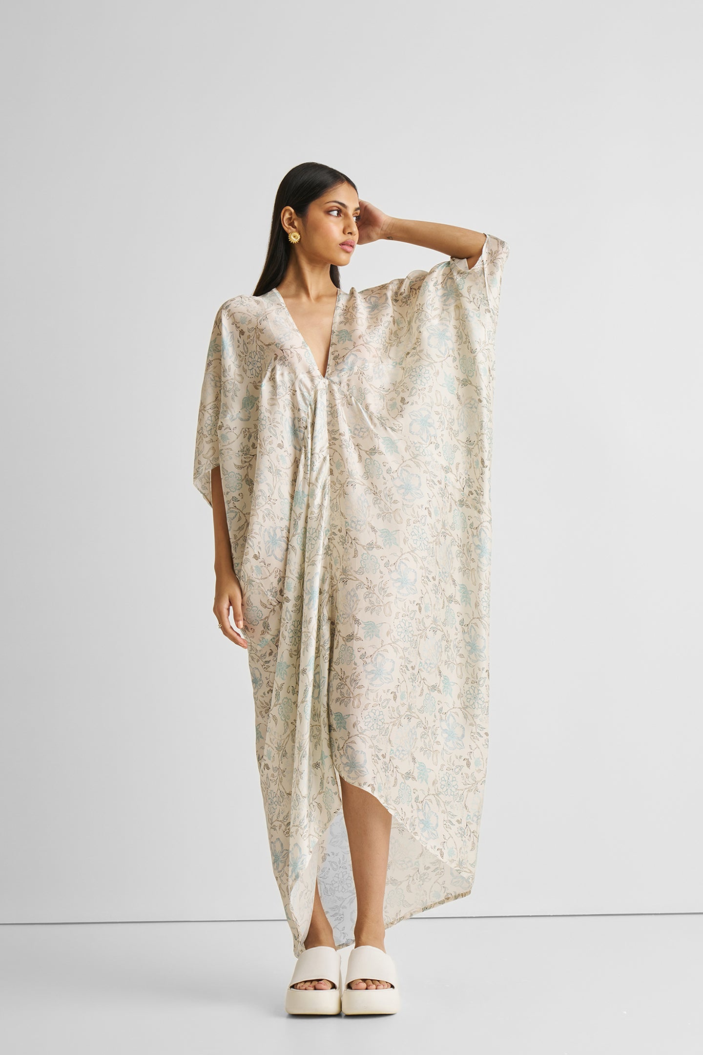 Silky Kaftan Dress in Blue Florals