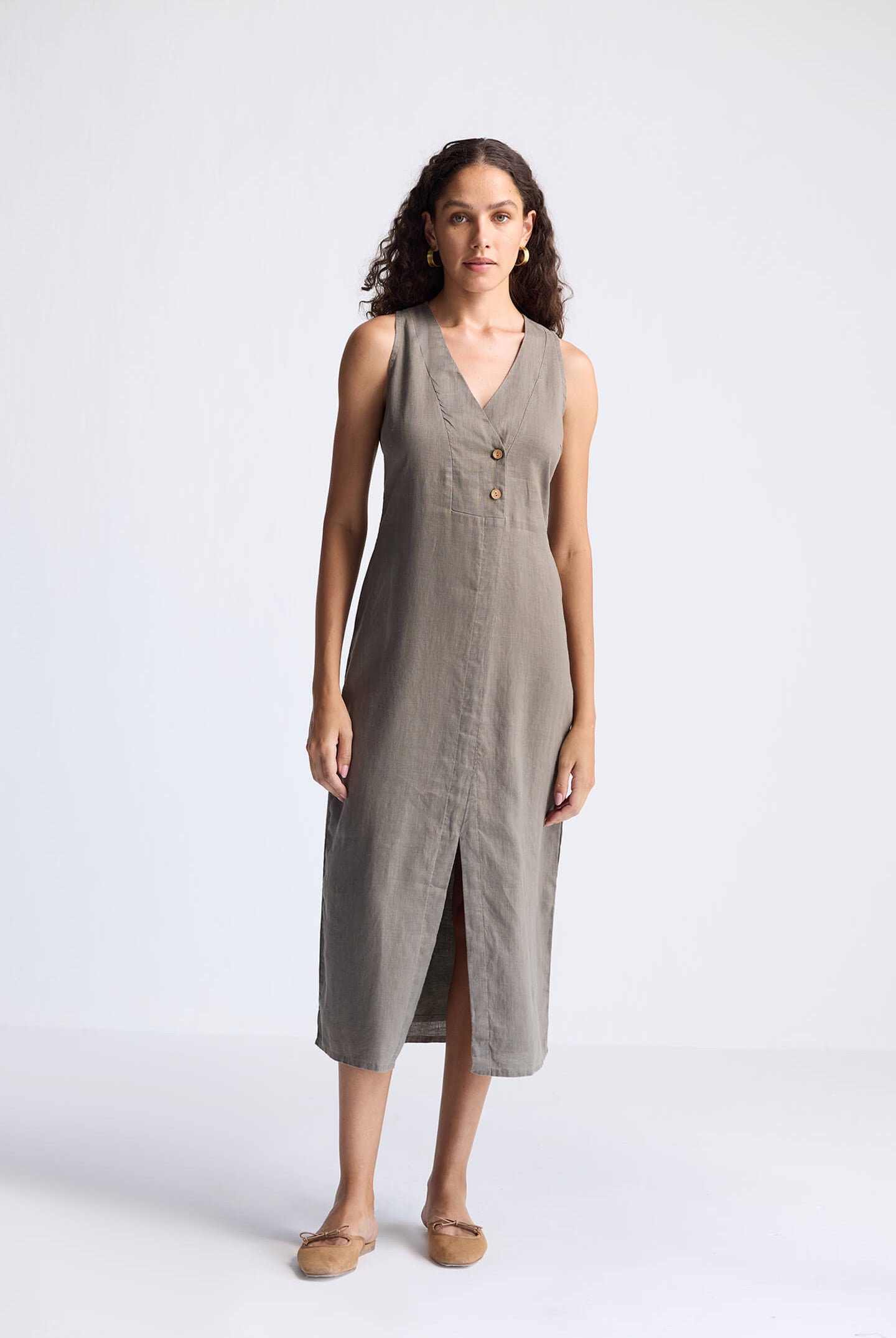 Straight Dress with Front Slit in Dark Green Hemp Front