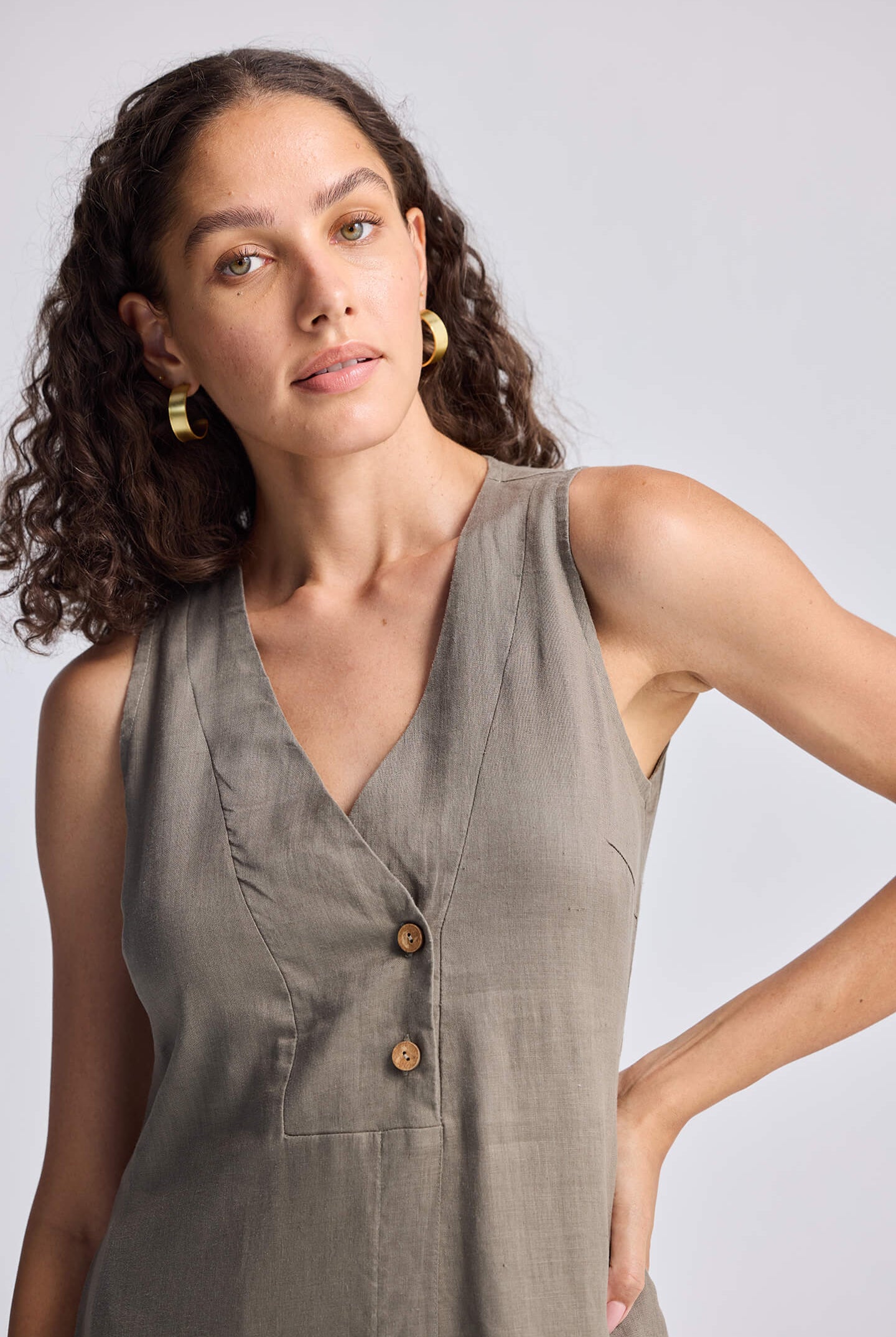 Straight Dress with Front Slit in Dark Green Hemp Closeup