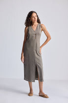 Straight Dress with Front Slit in Dark Green Hemp Side