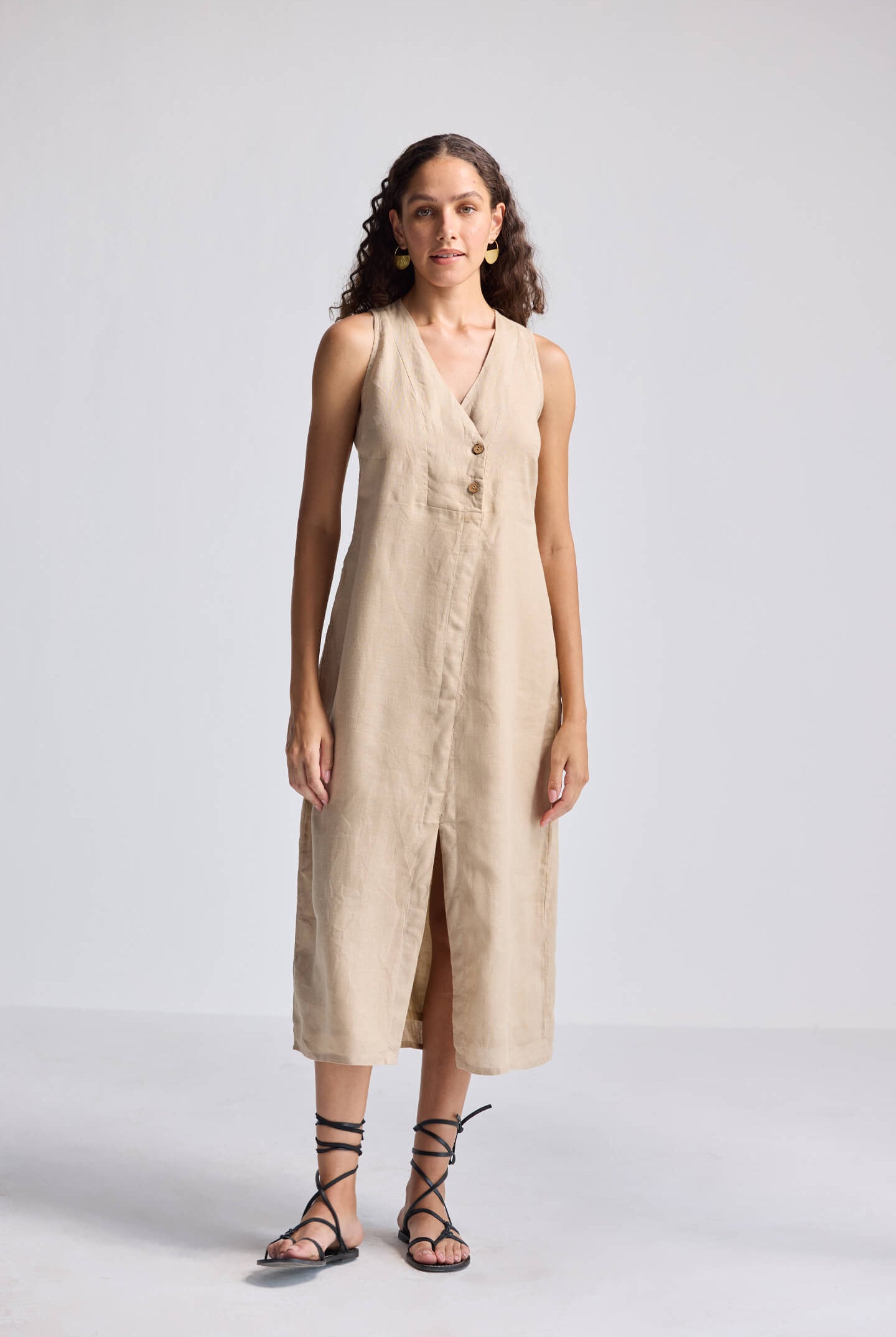 Straight Dress with Front Slit in Neutral Beige Hemp Front