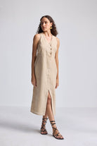 Straight Dress with Front Slit in Neutral Beige Hemp Front