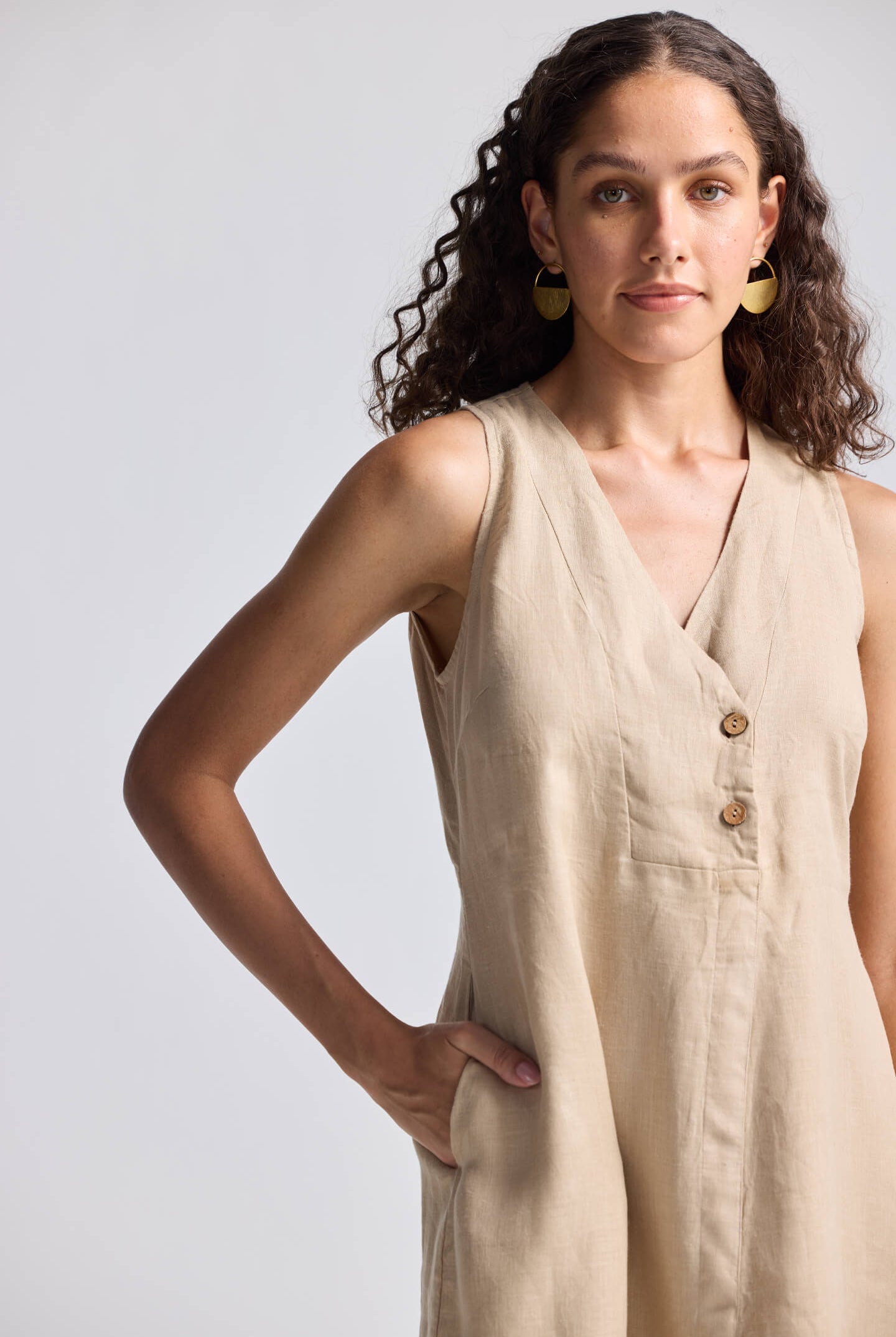 Straight Dress with Front Slit in Neutral Beige Hemp Closeup