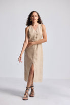 Straight Dress with Front Slit in Neutral Beige Hemp Front