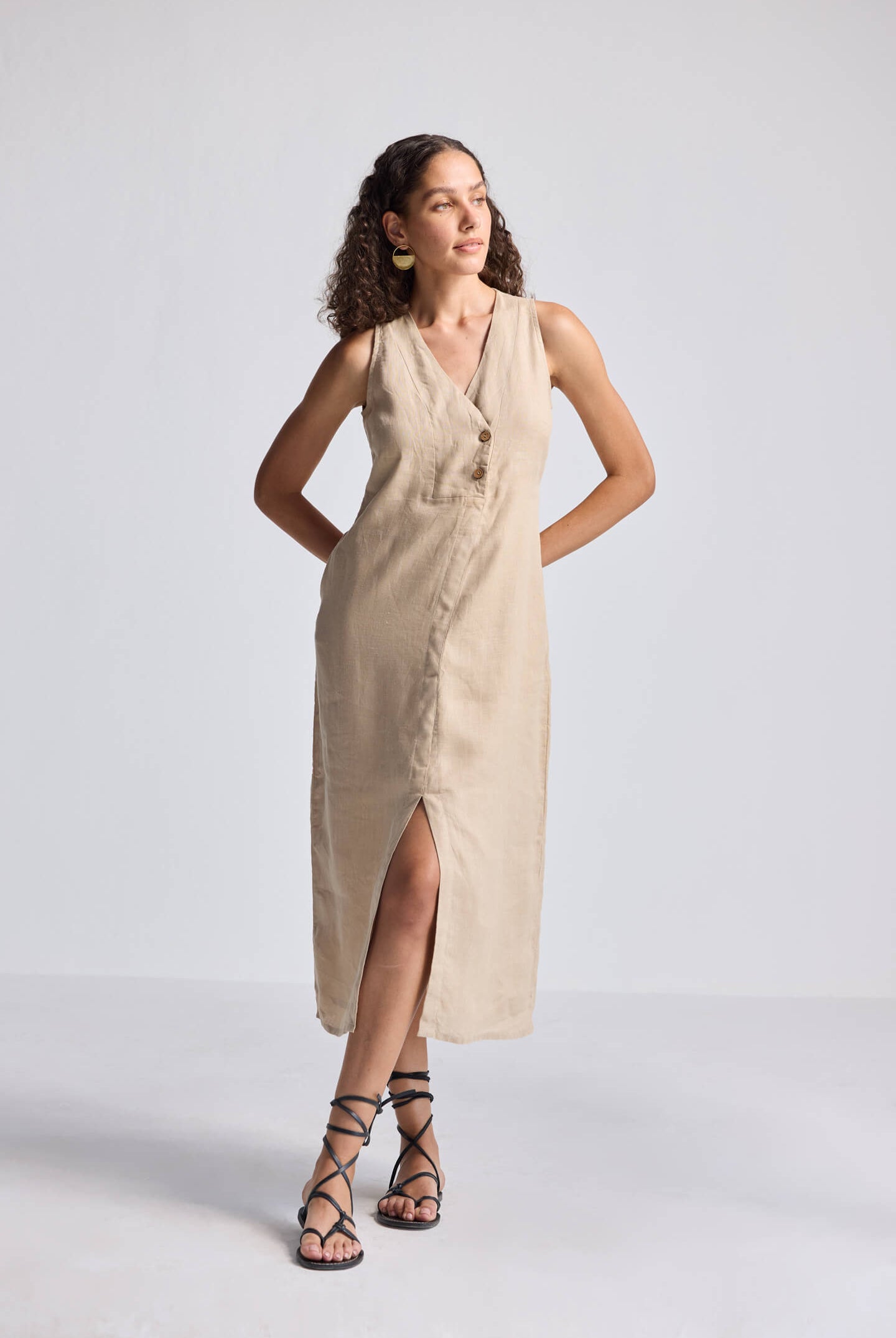 Straight Dress with Front Slit in Neutral Beige Hemp Front