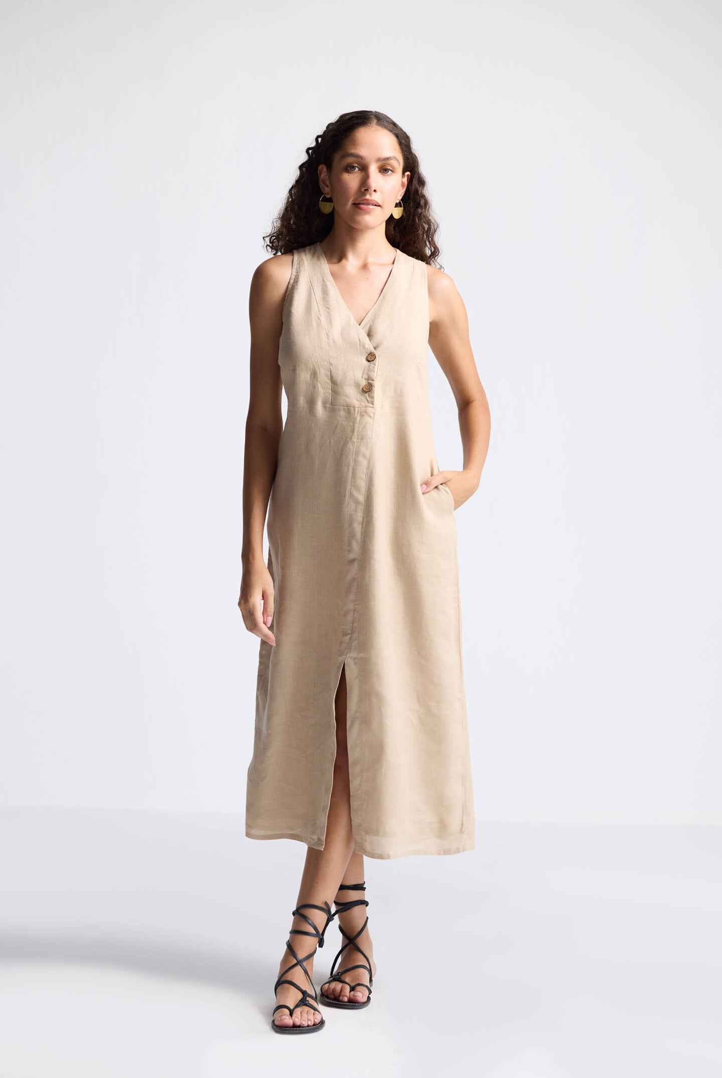 Straight Dress with Front Slit in Neutral Beige Hemp Front