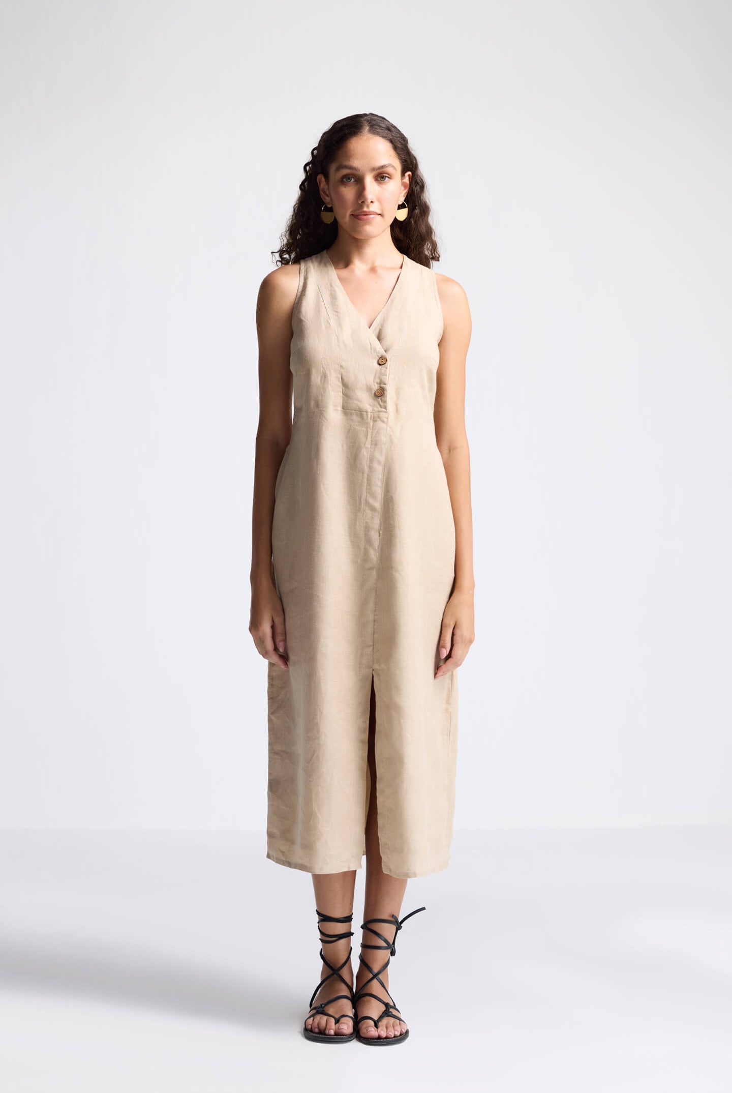 Straight Dress with Front Slit in Neutral Beige Hemp Front