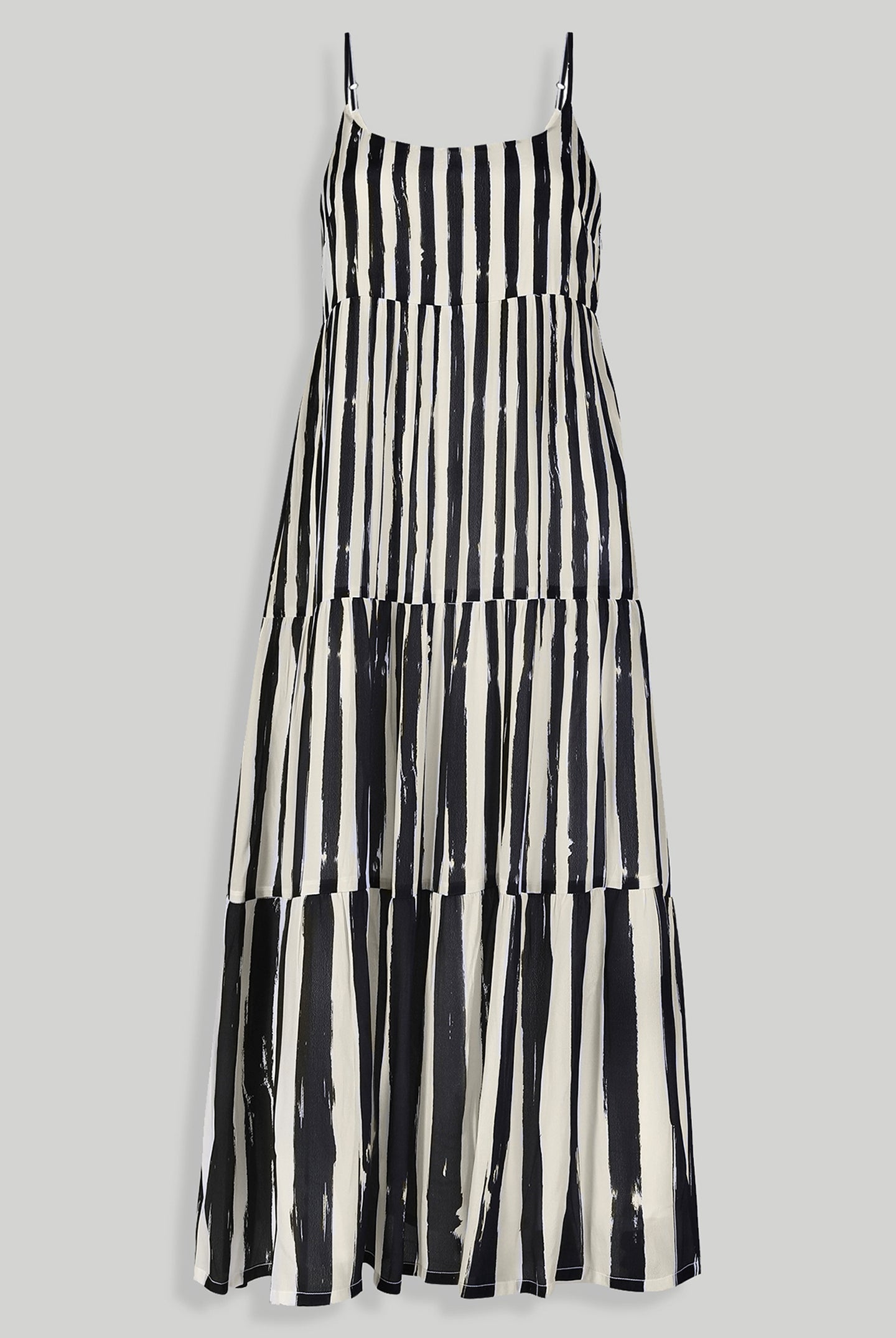 Strappy Tiered Maxi Dress in Black Stripes