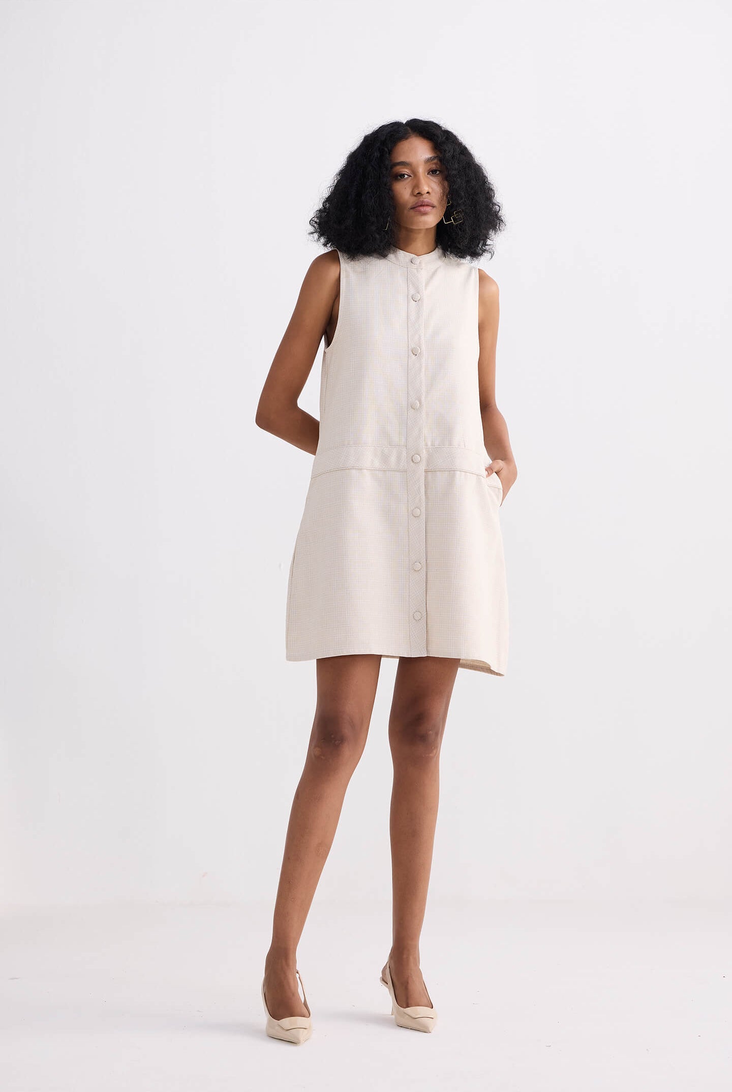 The Cotton Tweed Shift Dress in Cream Front