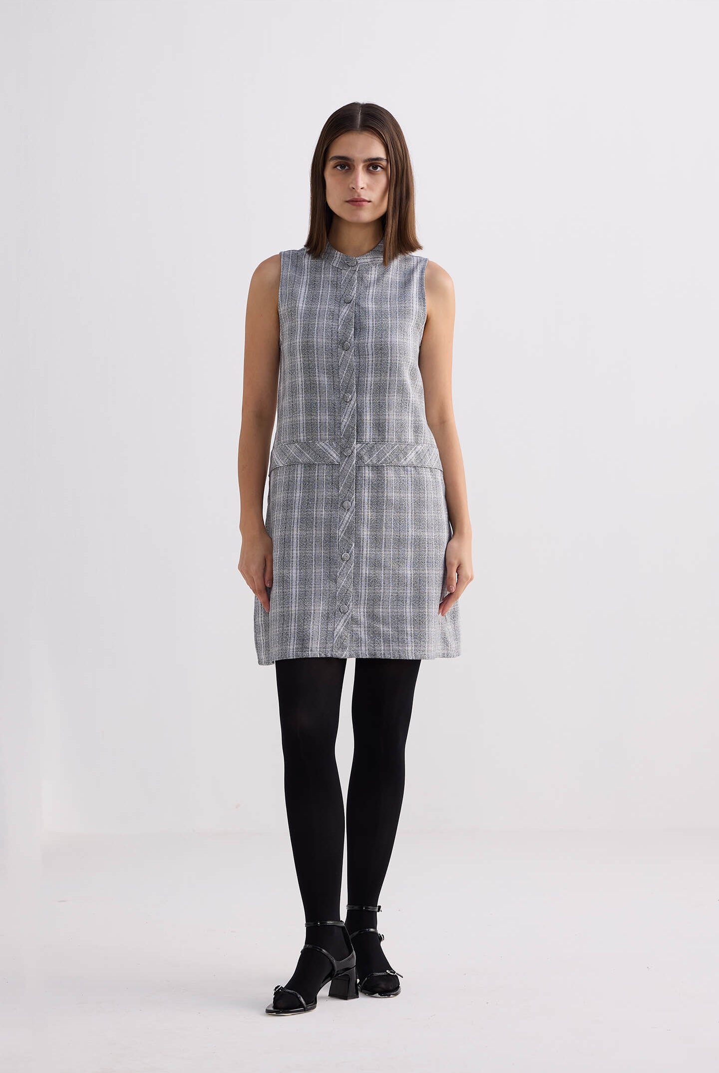 The Cotton Tweed Shift Dress in Grey Front