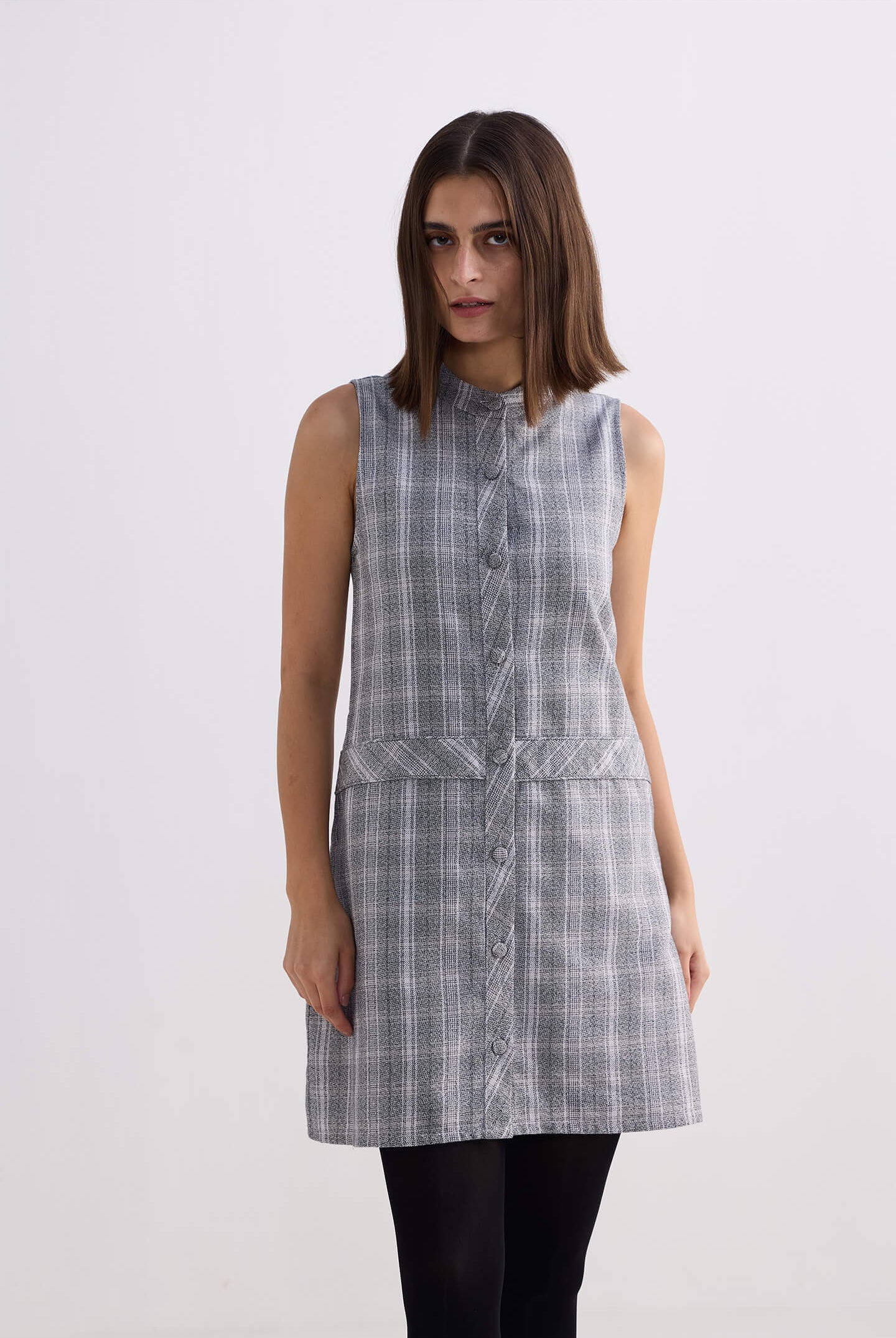 The Cotton Tweed Shift Dress in Grey Front