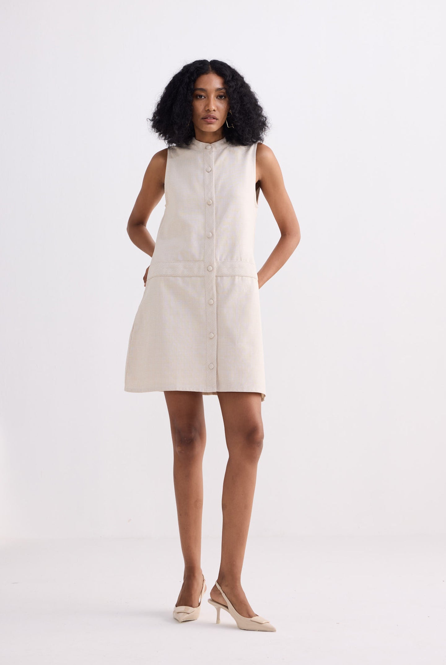 The Cotton Tweed Shift Dress in Cream Front