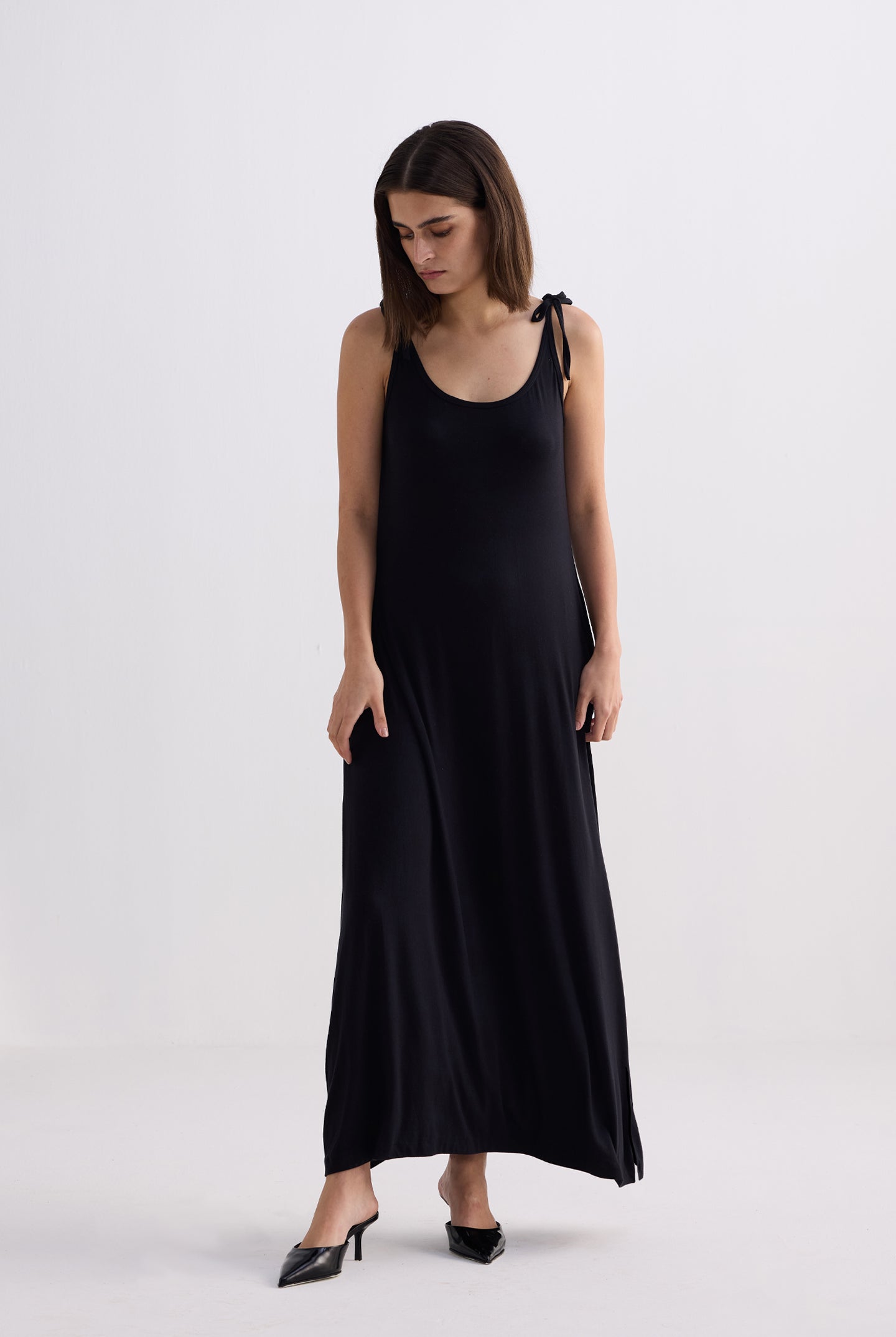 Tie-Detail Maxi Dress in Black Front