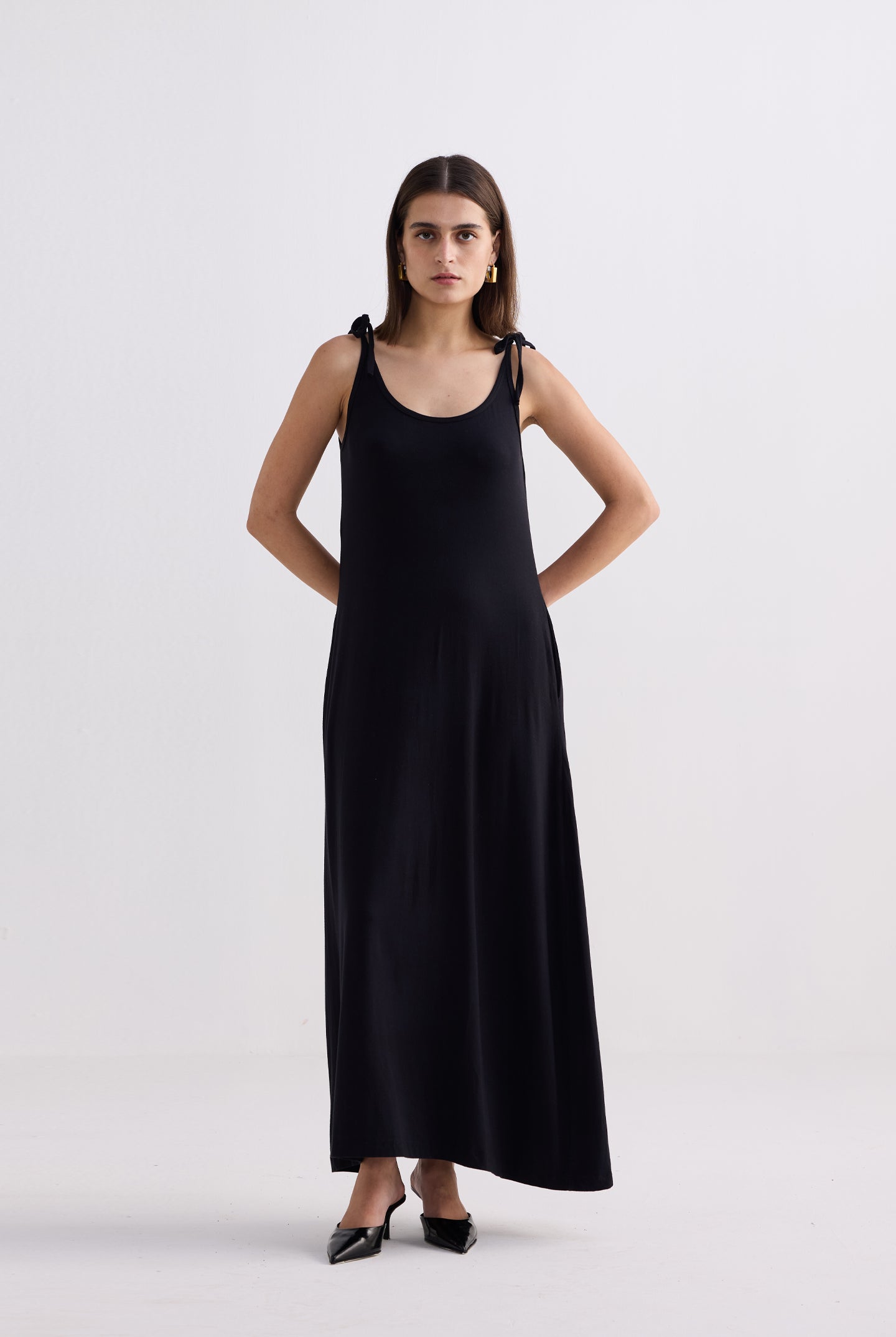 Tie-Detail Maxi Dress in Black Front