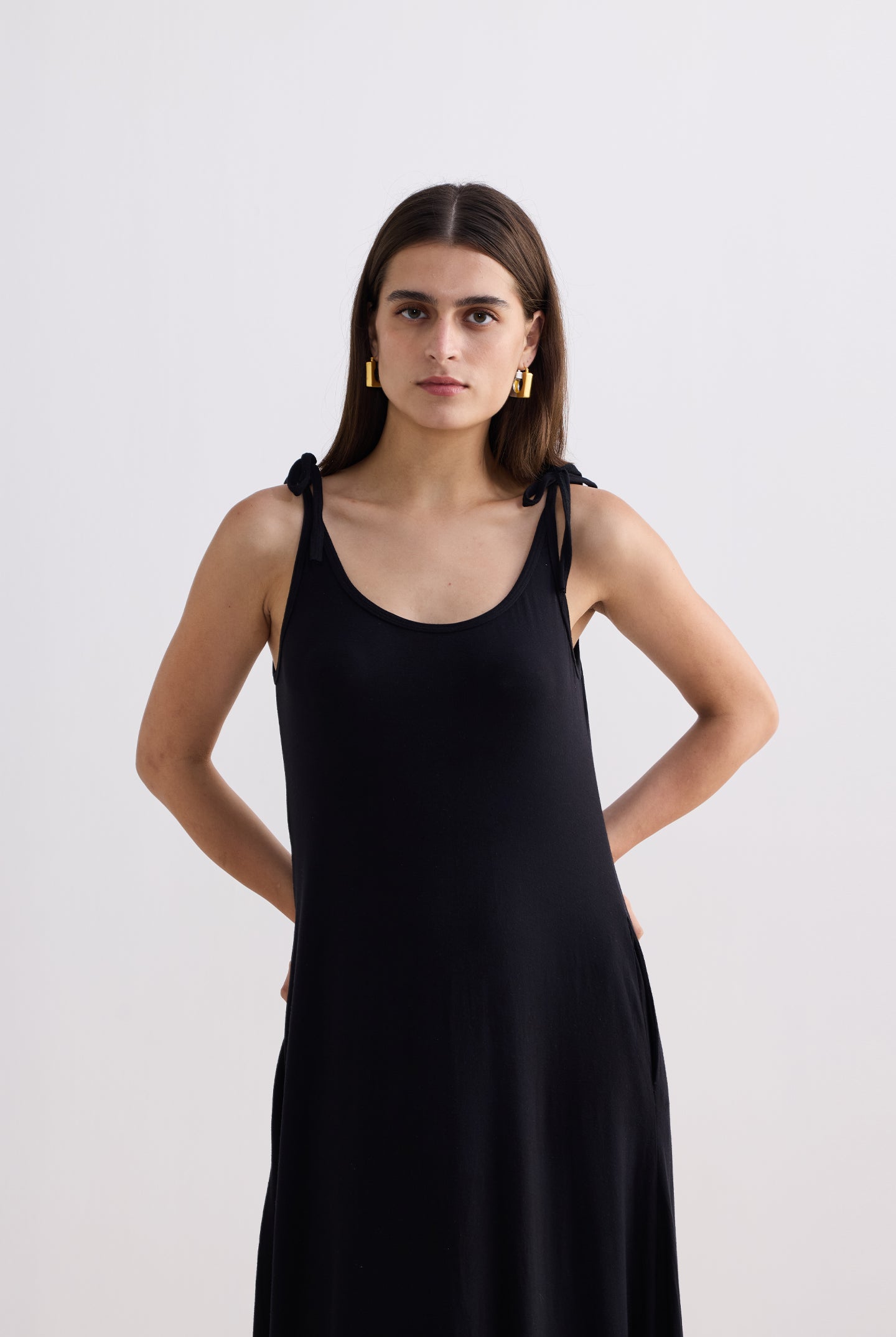 Tie-Detail Maxi Dress in Black Front