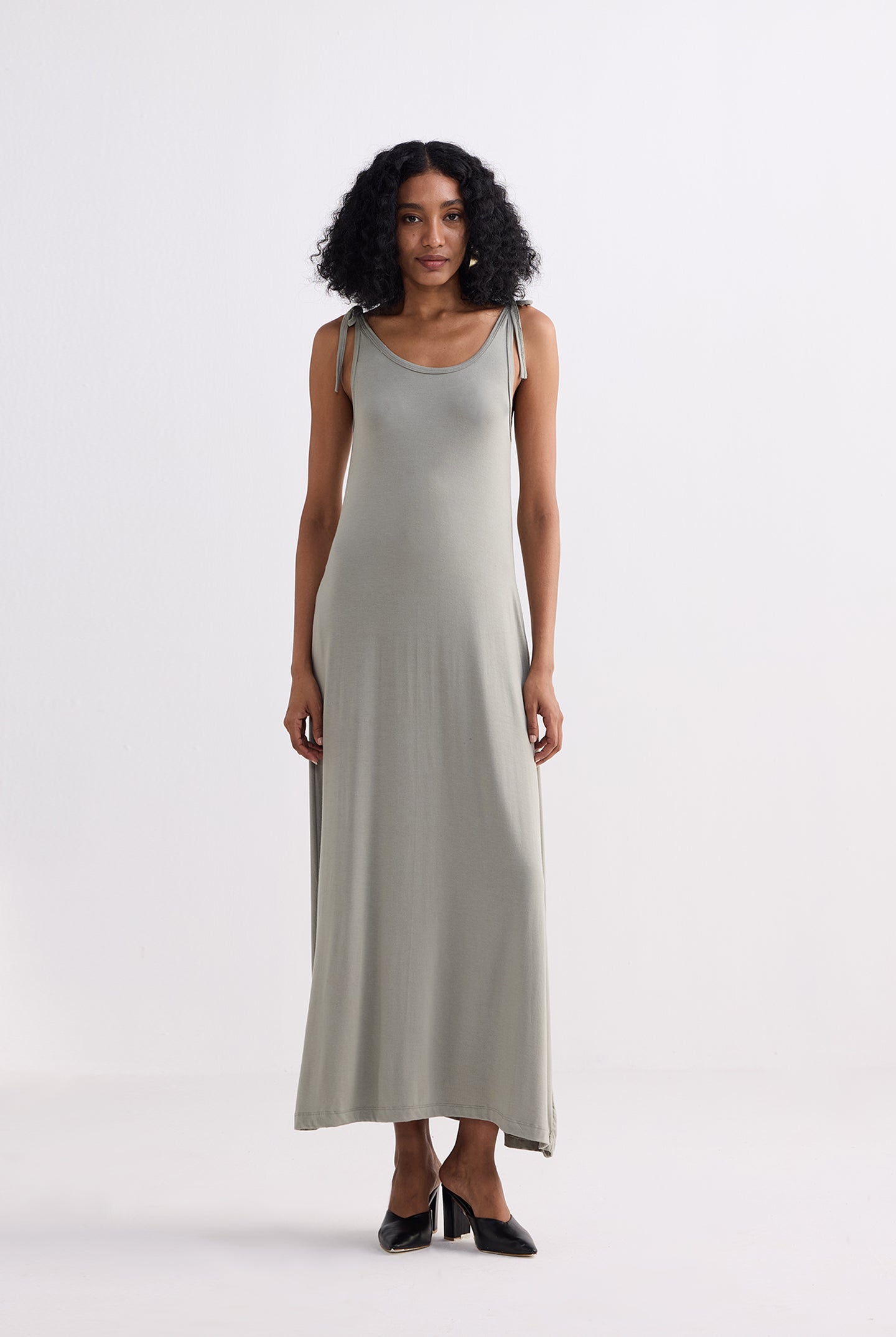 Tie-Detail Maxi Dress in Light Olive Front