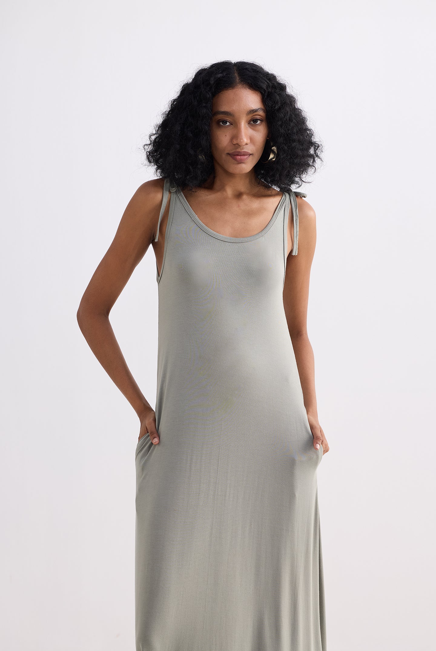 Tie-Detail Maxi Dress in Light Olive Front
