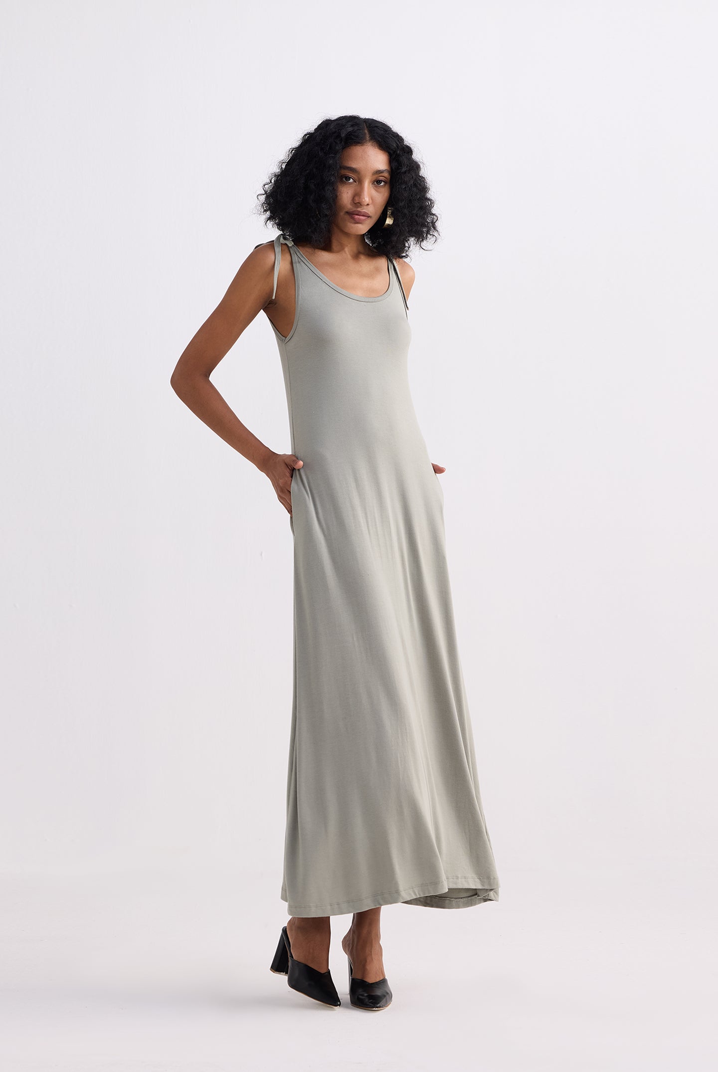 Tie-Detail Maxi Dress in Light Olive Side