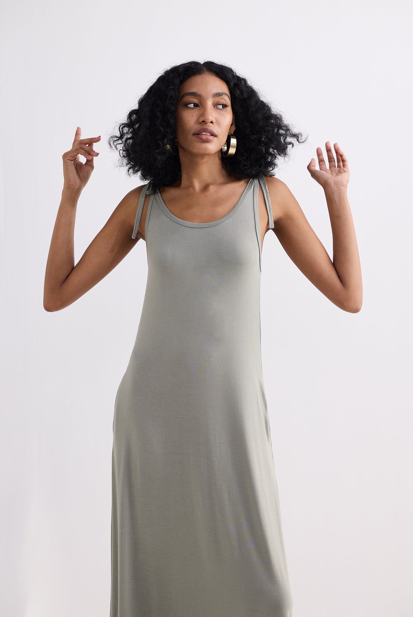 Tie-Detail Maxi Dress in Light Olive Moodshot