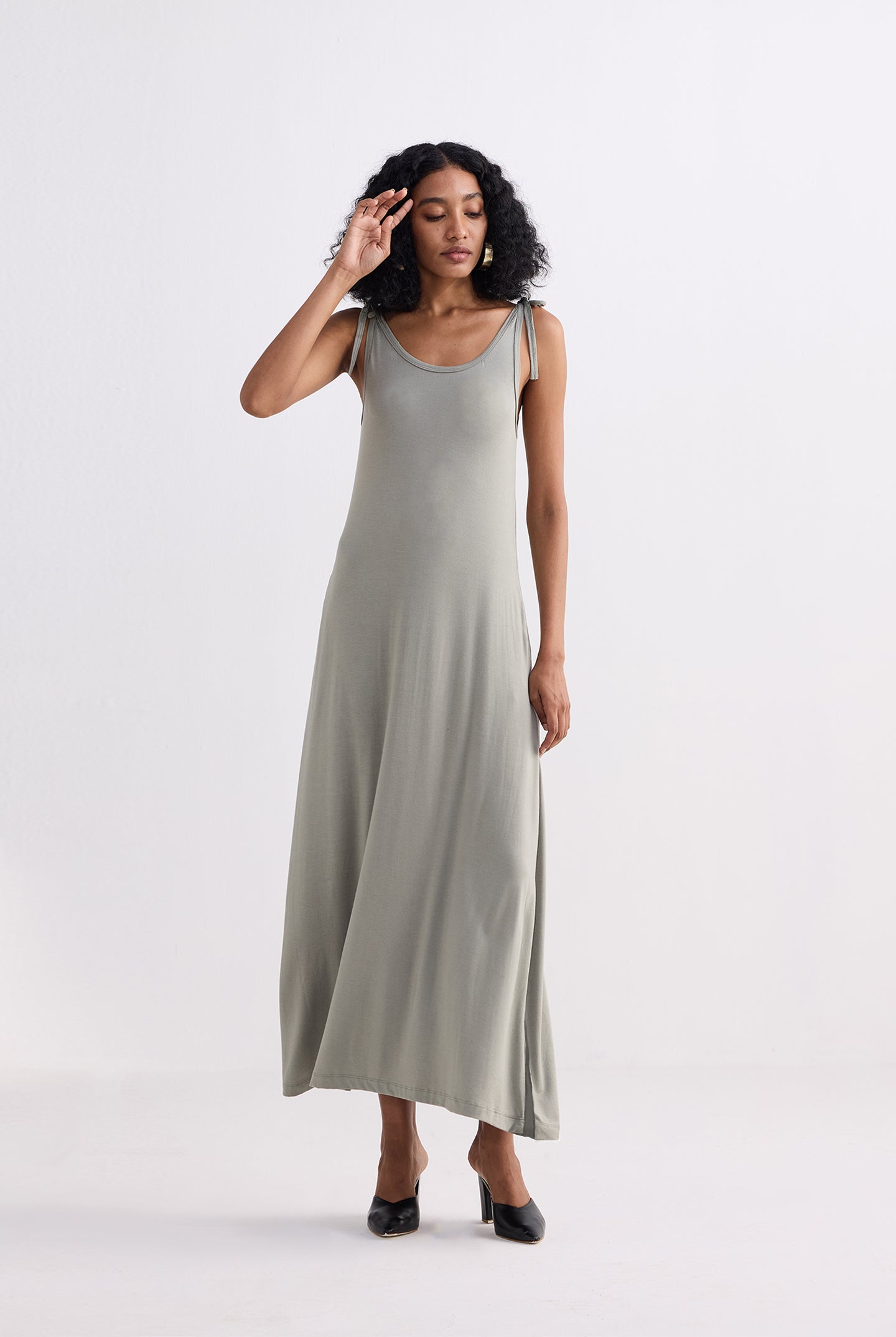 Tie-Detail Maxi Dress in Light Olive Front