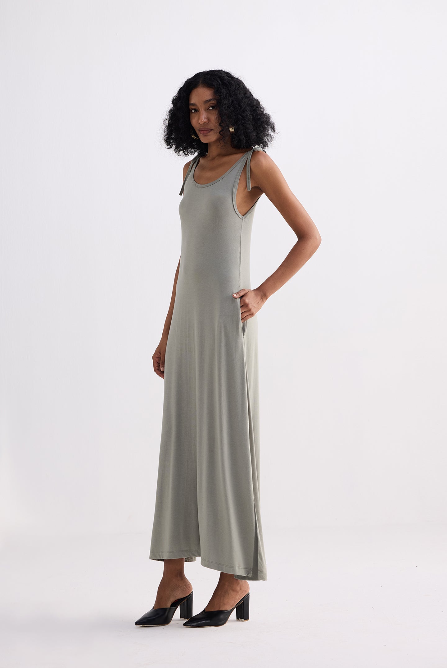 Tie-Detail Maxi Dress in Light Olive Side