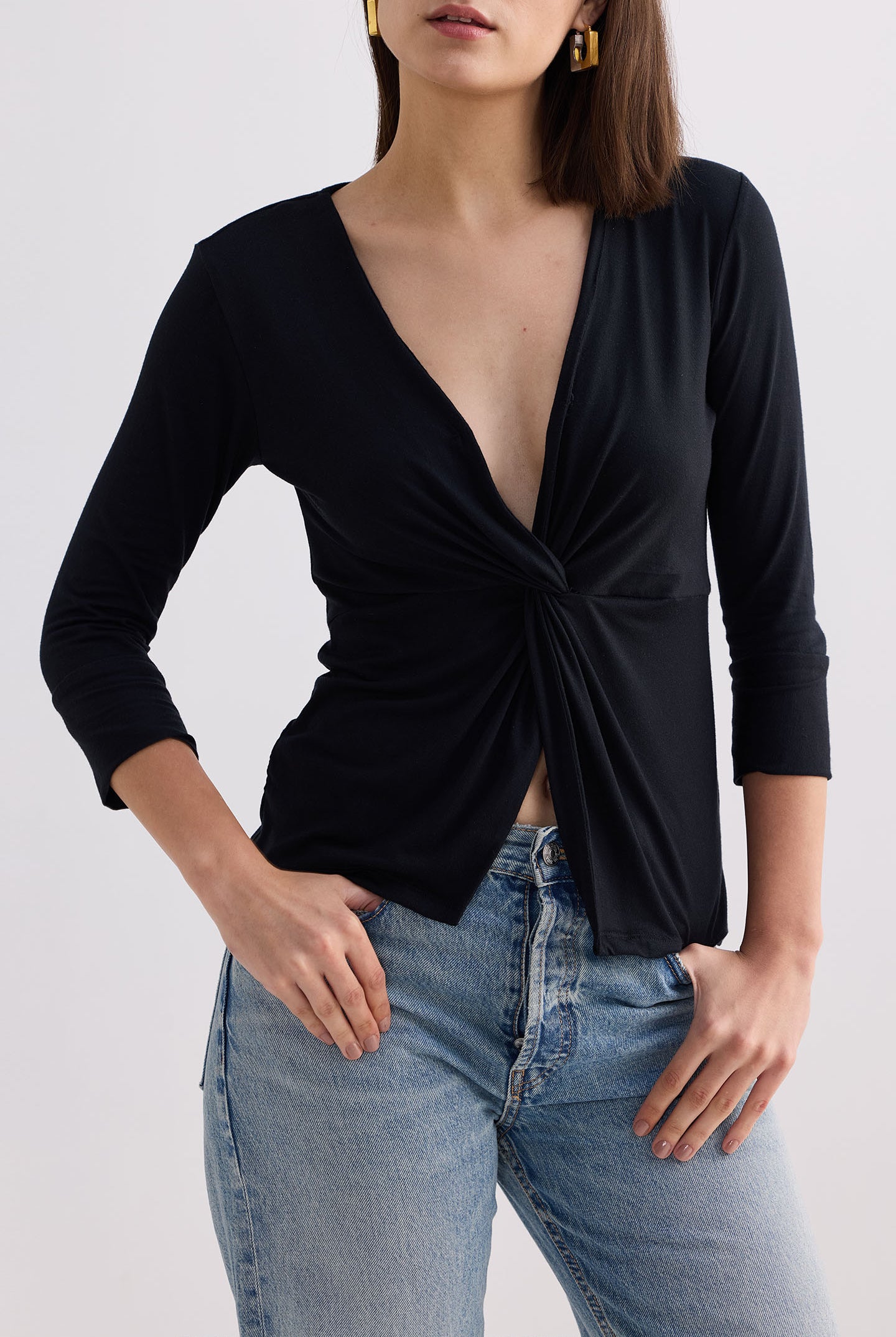 Twist Front Knit Shirt in Black Closeup