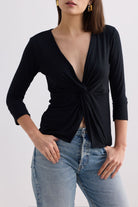 Twist Front Knit Shirt in Black Closeup