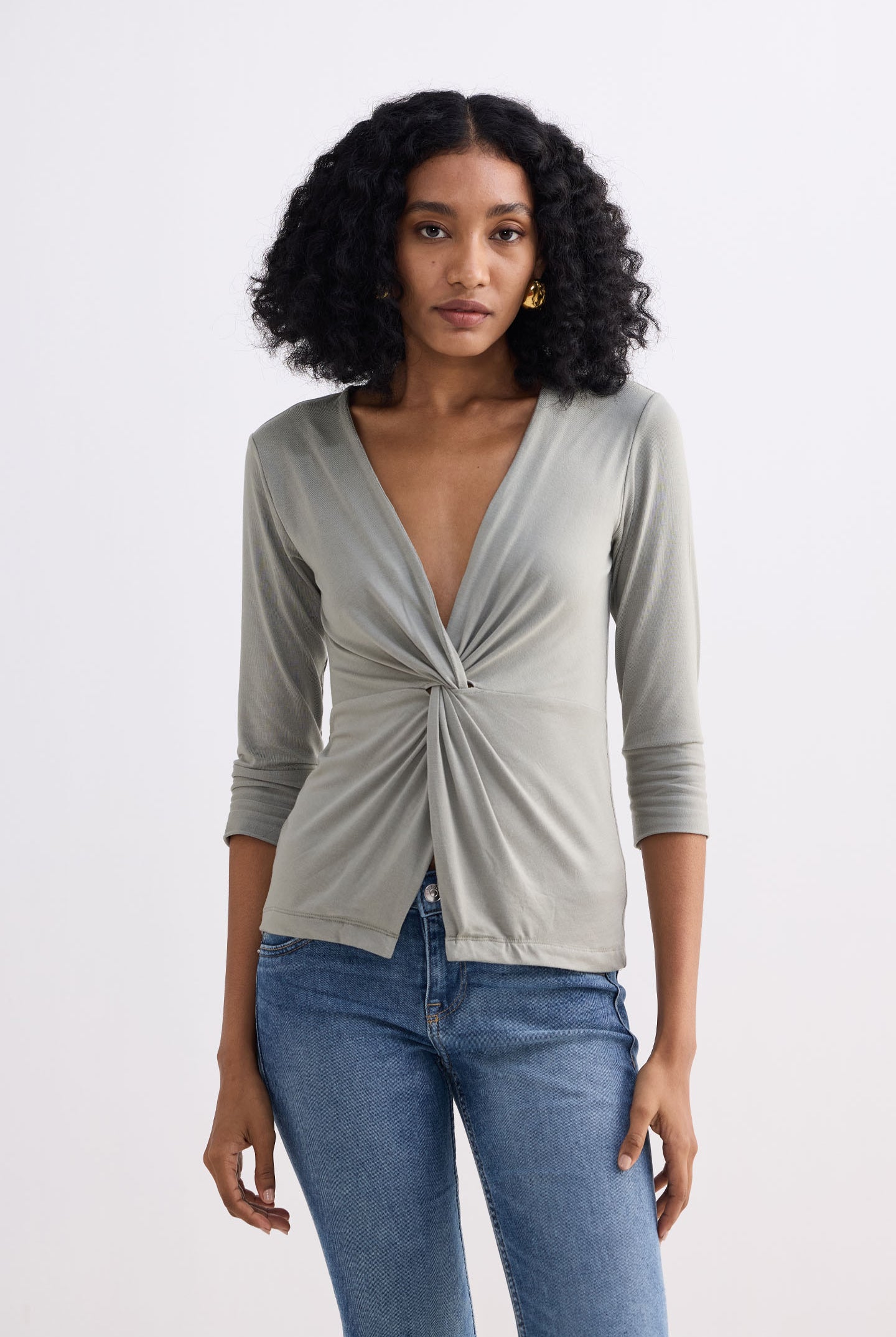 Twist Front Knit Shirt in Light Olive Front
