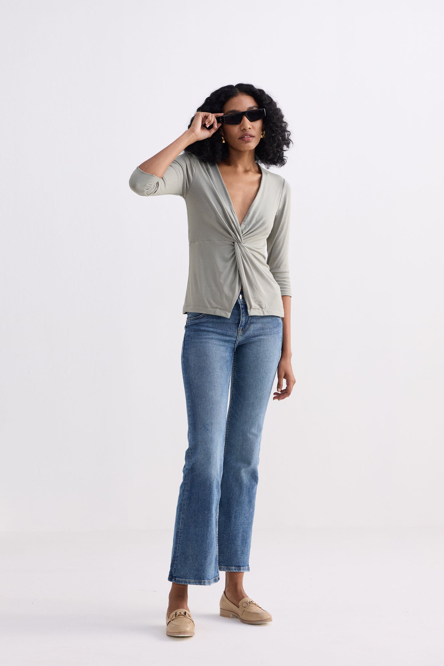 Twist Front Knit Shirt in Light Olive  Side