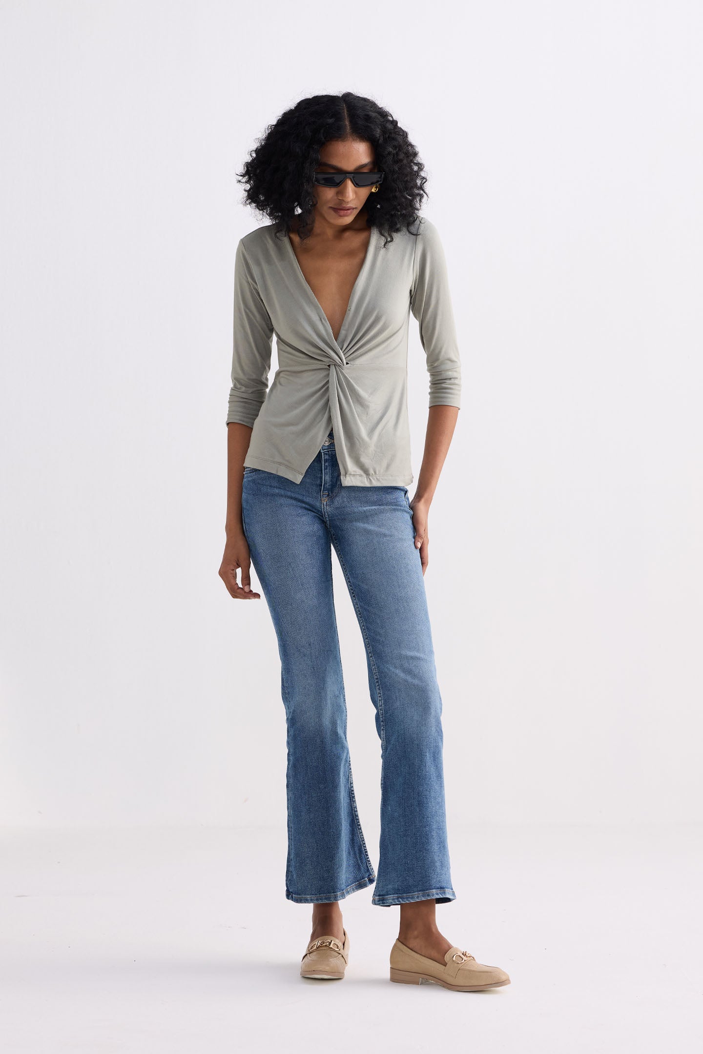 Twist Front Knit Shirt in Light Olive Front