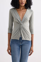 Twist Front Knit Shirt in Light Olive Closeup