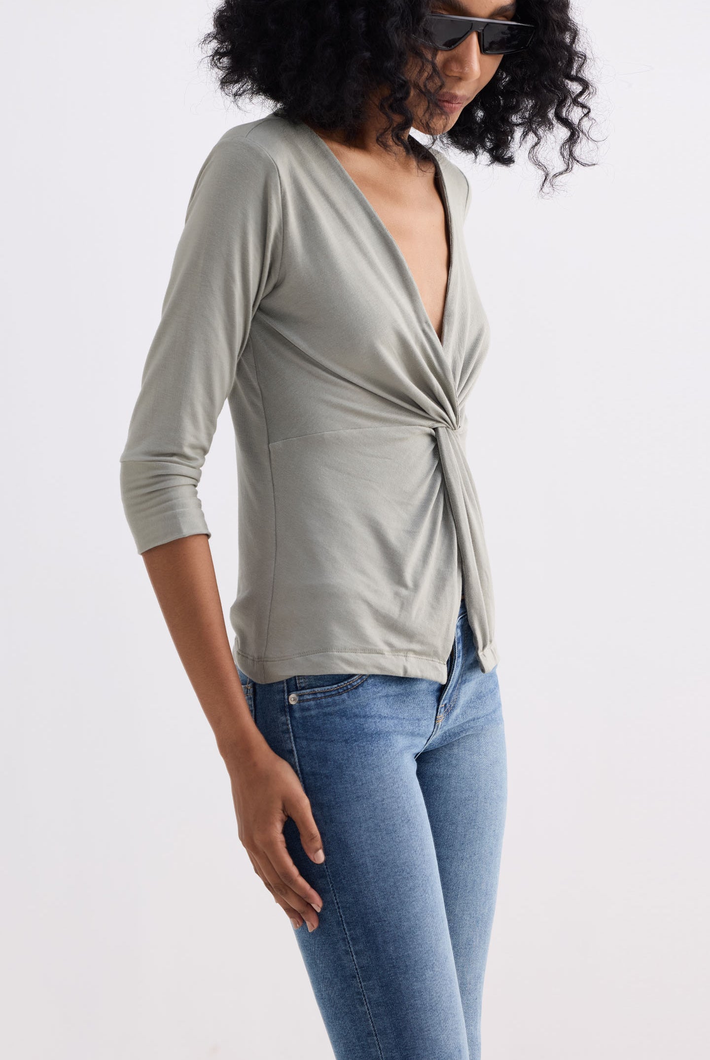 Twist Front Knit Shirt in Light Olive Side