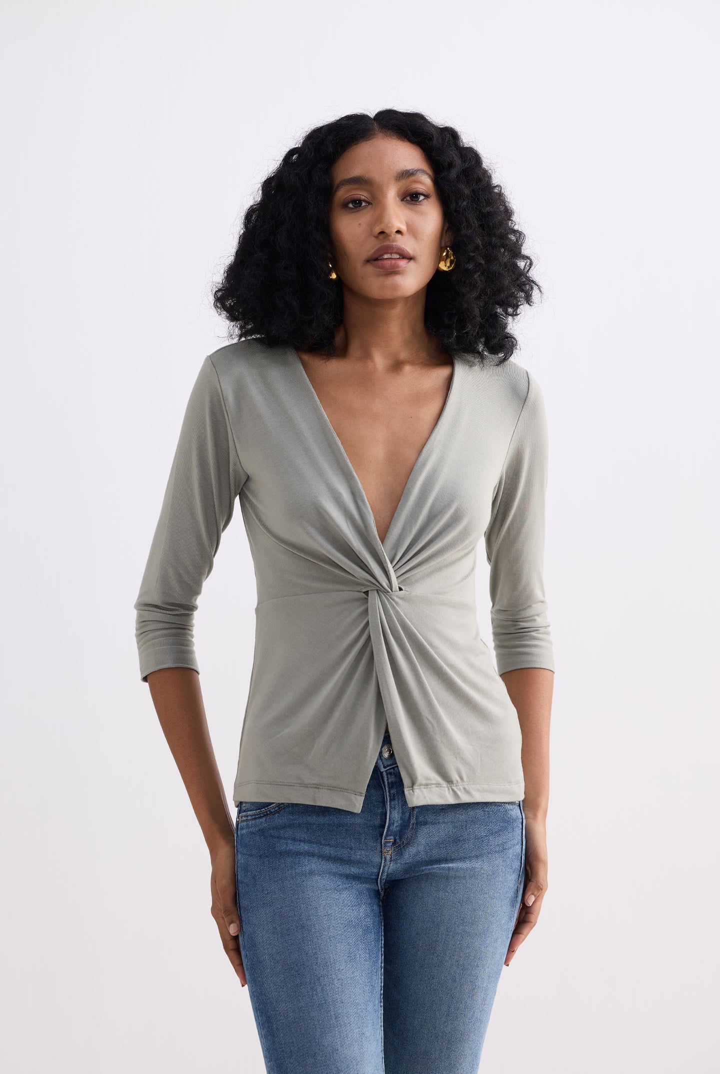 Twist Front Knit Shirt in Light Olive Front