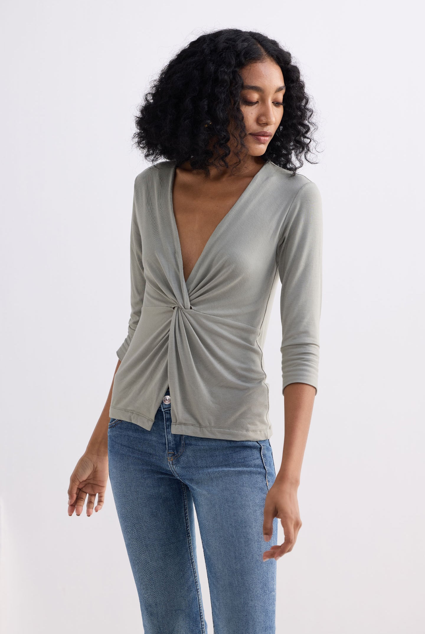 Twist Front Knit Shirt in Light Olive Side