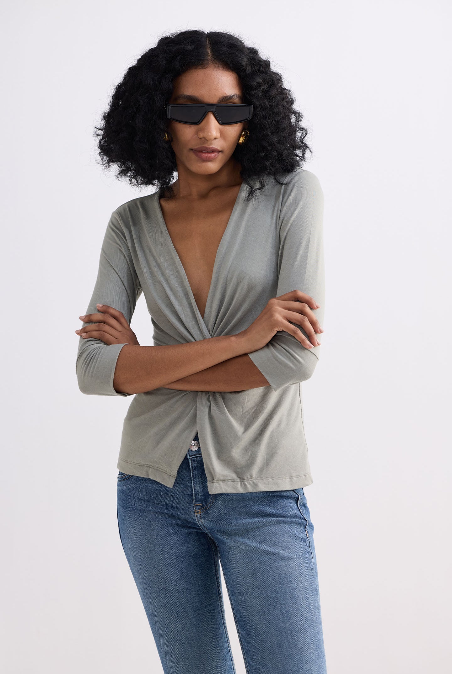 Twist Front Knit Shirt in Light Olive Front