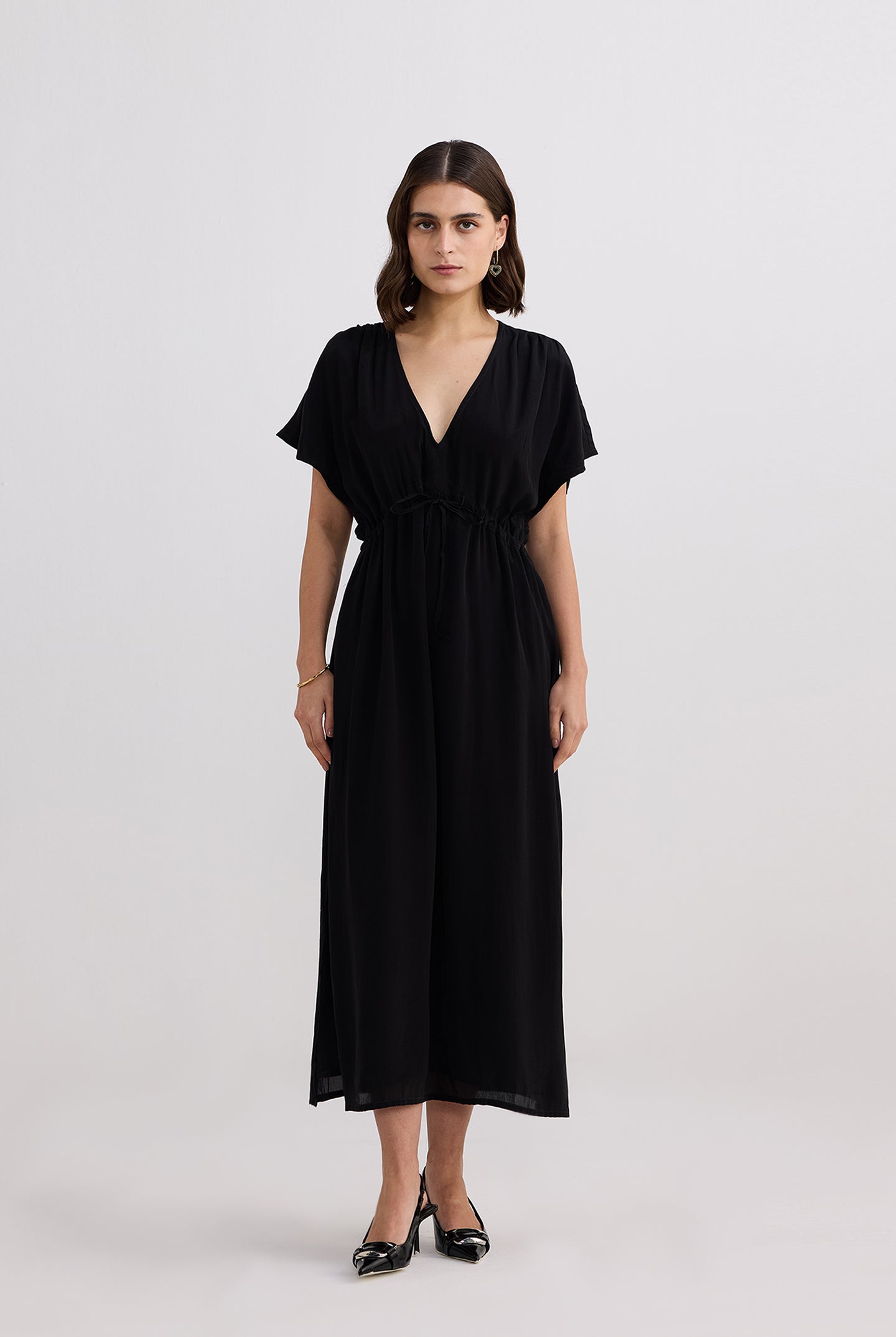 V-neck Gathered Maxi Dress in Black Front