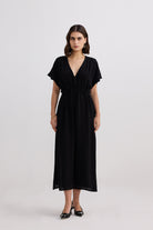 V-neck Gathered Maxi Dress in Black Front
