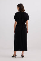 V-neck Gathered Maxi Dress in Black Back