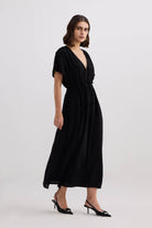 V-neck Gathered Maxi Dress in Black Side