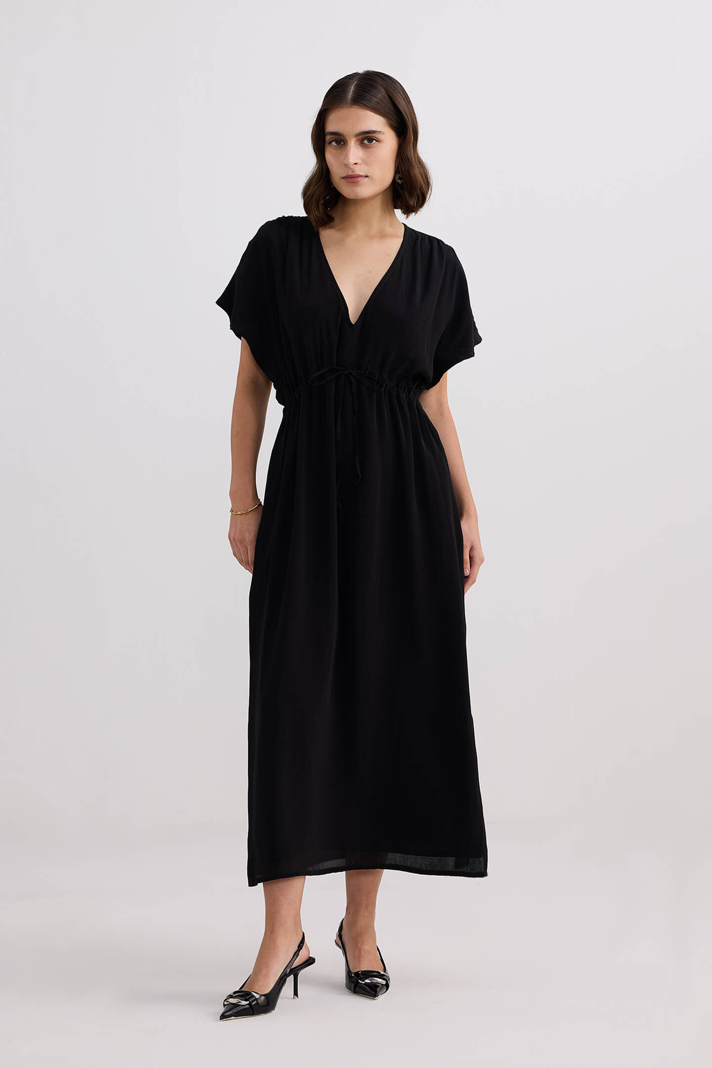 V-neck Gathered Maxi Dress in Black Front