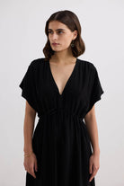 V-neck Gathered Maxi Dress in Black Closeup
