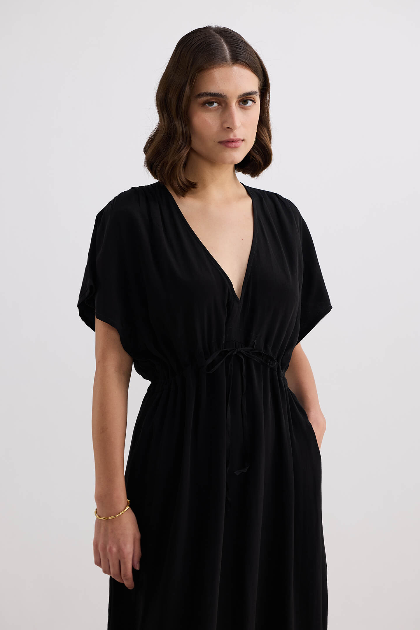 V-neck Gathered Maxi Dress in Black Closeup