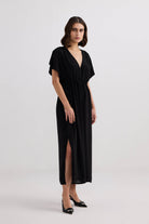 V-neck Gathered Maxi Dress in Black Side