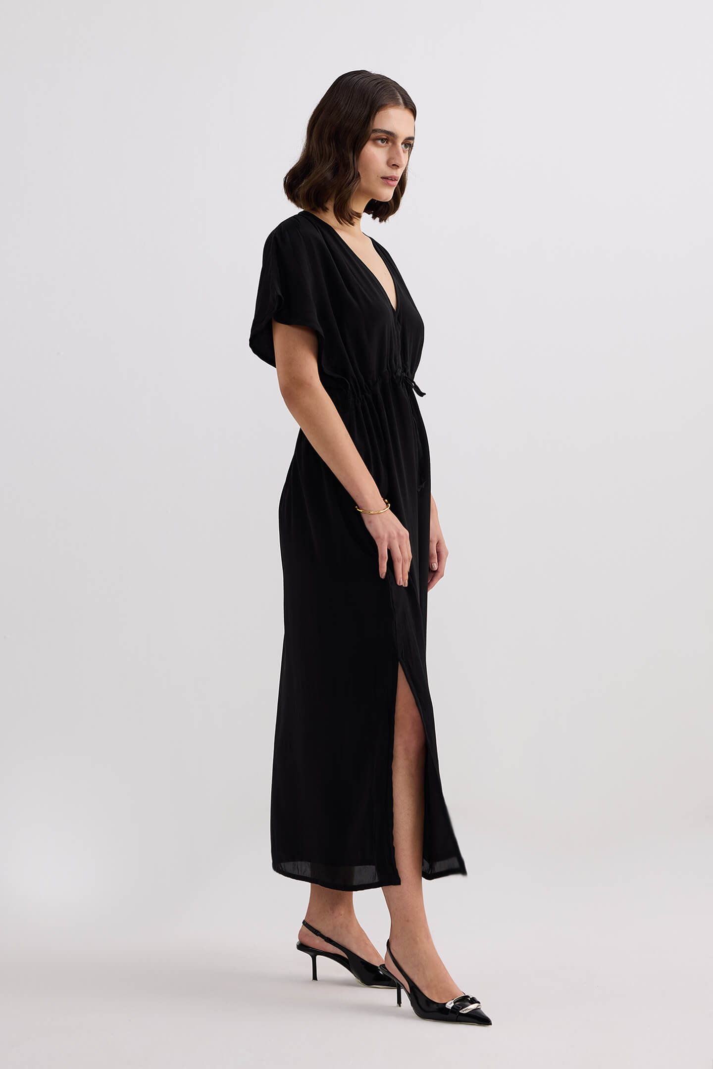 V-neck Gathered Maxi Dress in Black Side