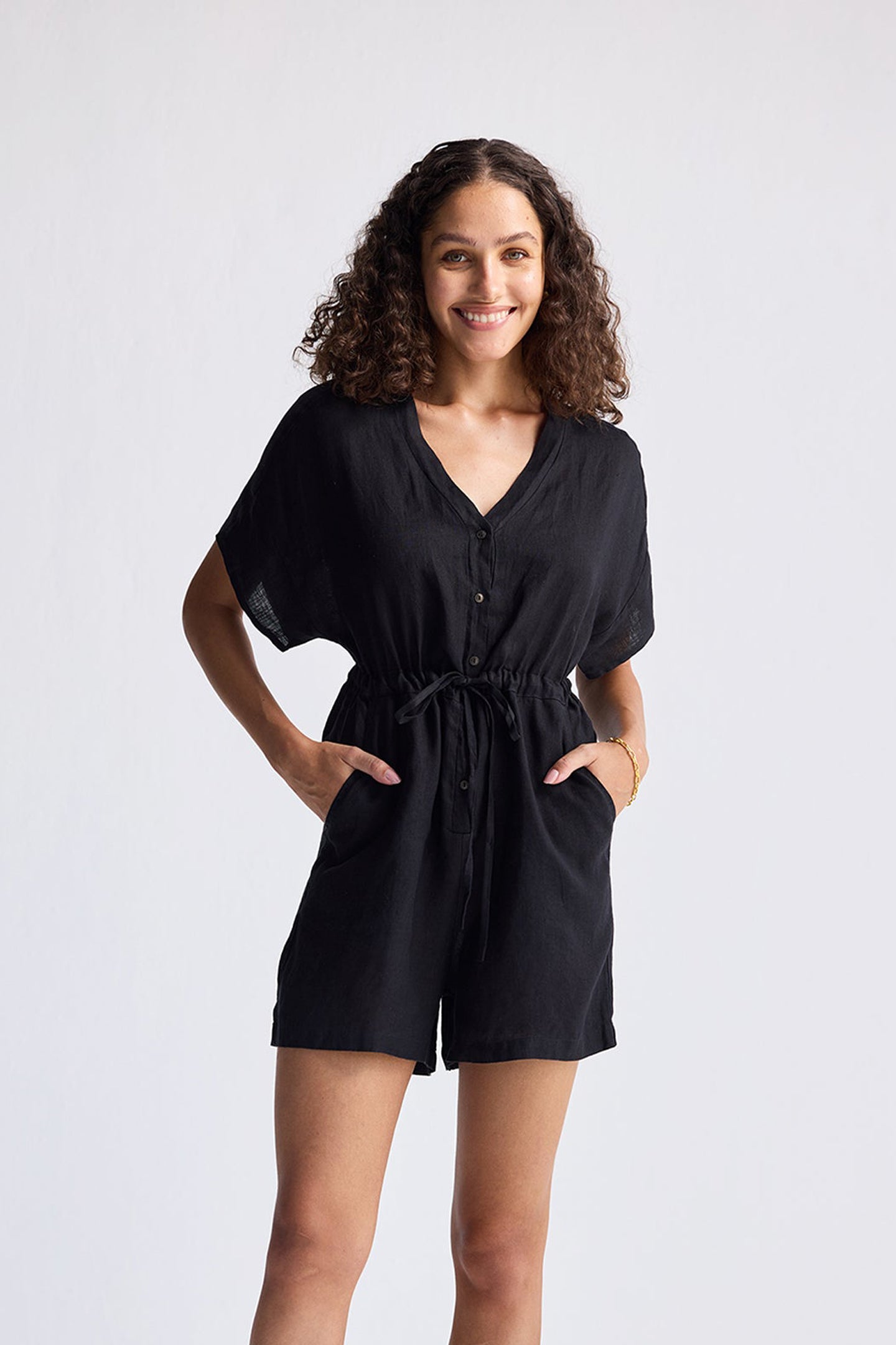 V neck Drawstring Romper in Black Medium Shot