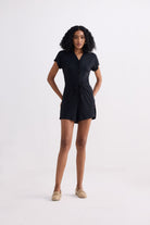 V neck Drawstring Knit Romper in Black Front