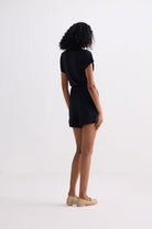 V neck Drawstring Knit Romper in Black Back