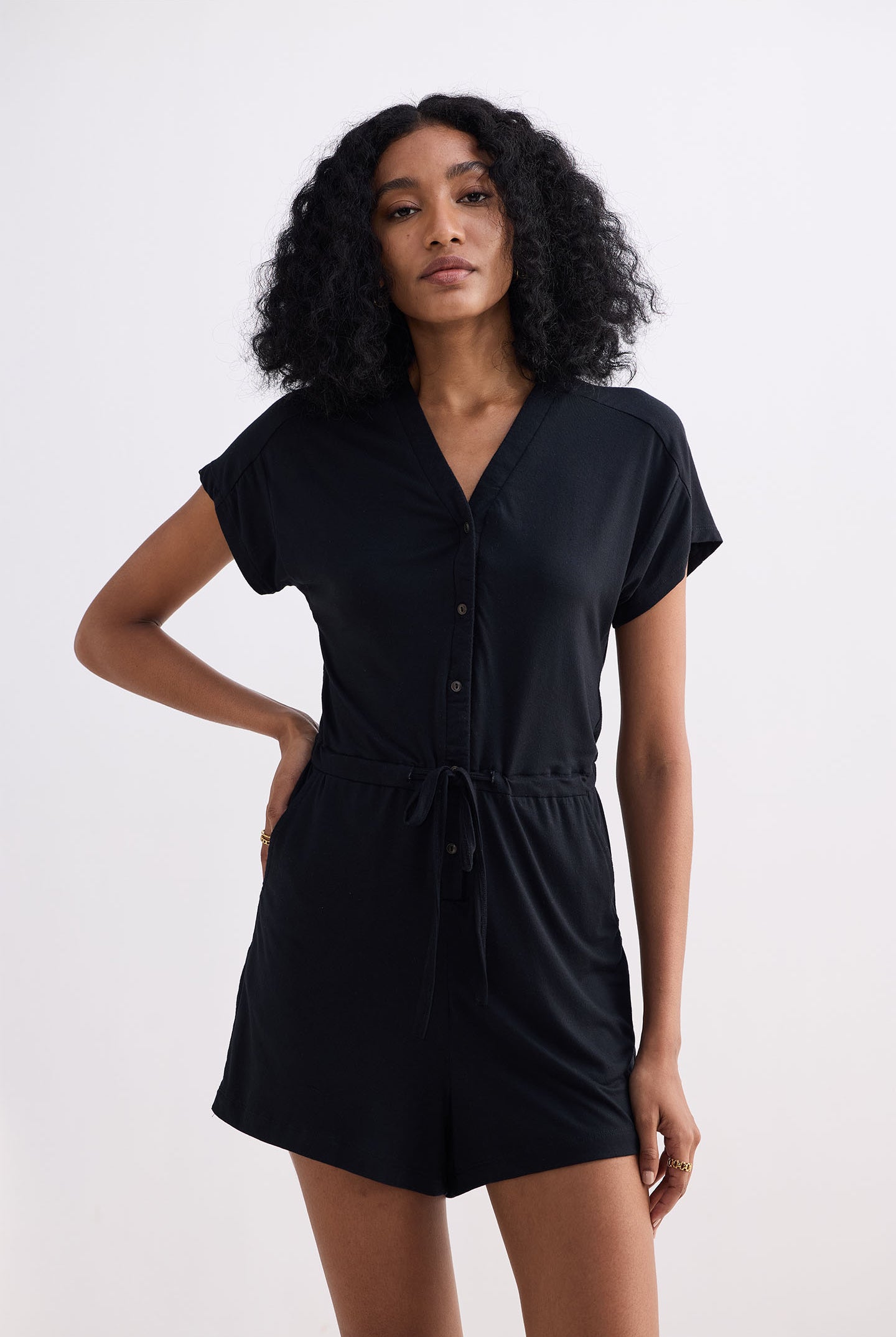 V neck Drawstring Knit Romper in Black Closeup