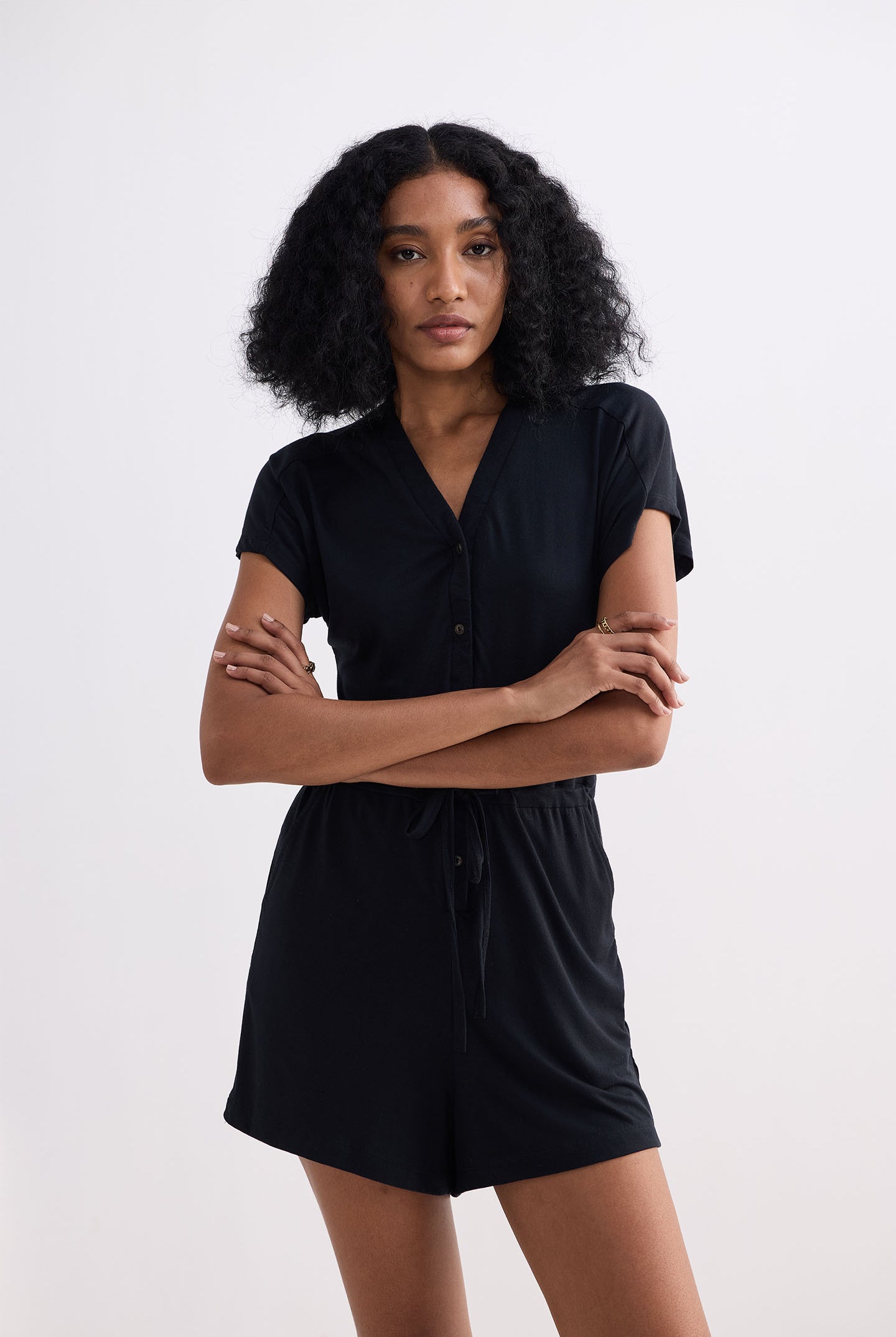 V neck Drawstring Knit Romper in Black Closeup